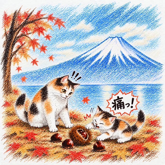 An illustration of two calico cats in an autumn landscape with Mount Fuji in the background; one kitten is biting into a spiky chestnut with a Japanese exclamation of pain.