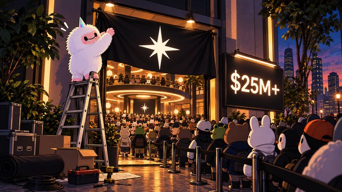 An illustrated scene shows a fluffy white character on a ladder hanging a banner with a star logo above a crowded venue, next to a screen displaying '$25M+'.