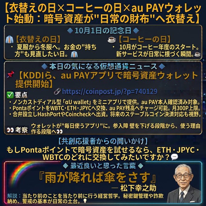 A Japanese infographic about 'Clothes Changing Day x Coffee Day x au PAY Wallet Launch', noting KDDI's cryptocurrency wallet launch, with a quote '雨が降れば傘をさす' by Matsushita Konosuke.