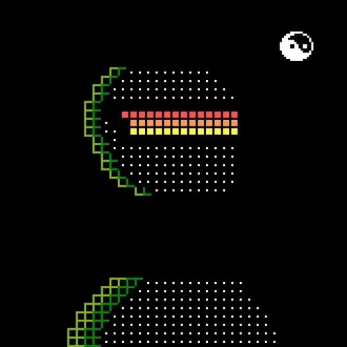 A pixelated retro game scene showing a classic Breakout-style layout with green bricks, red and yellow rows, and a small ball in the upper right corner against a black background.