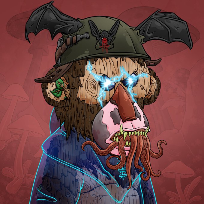 A digital illustration of a surreal creature with a wooden log for a head, glowing blue lightning eyes, bat wings on its helmet, and tentacles emerging from its mouth against a red background with mushrooms.