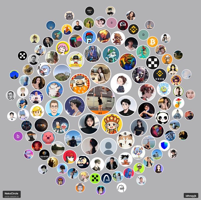 A circular arrangement of numerous profile pictures/avatars from a 'NekoCircle' cross circle CC, with usernames 'NeKOcircLe' and 'idhmqyjyk' visible.