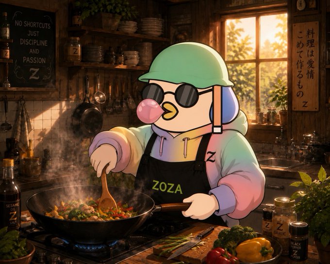 An AI-generated illustration depicts a cute penguin-like character wearing a green helmet, sunglasses, and a 'ZOZA' apron, cooking a stir-fry in a wok inside a rustic kitchen with a 'No Shortcuts Just Discipline and Passion' sign.