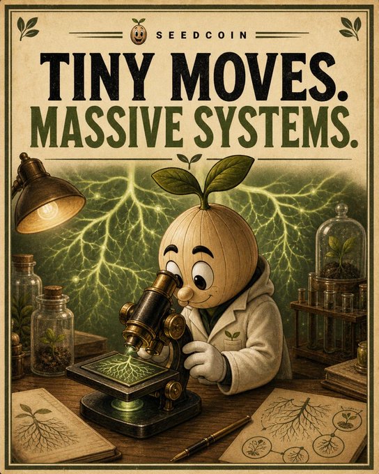A vintage-style poster titled 'SEEDCOIN - TINY MOVES. MASSIVE SYSTEMS.' depicting an anthropomorphic seed character in a lab coat examining a sprout under a brass microscope.