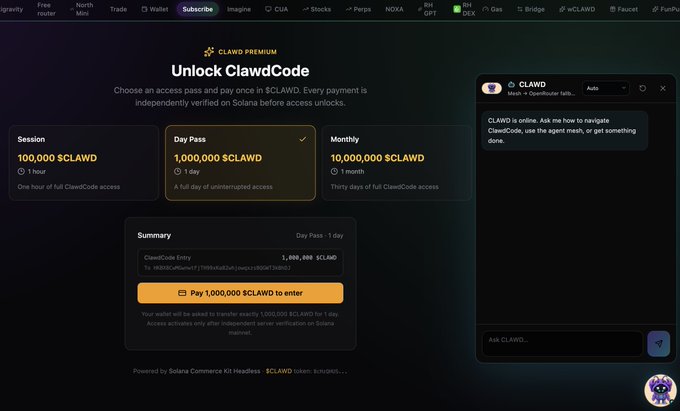 Screenshot of the 'Unlock ClawdCode' subscription page offering Session (100,000 $CLAWD), Day Pass (1,000,000 $CLAWD), and Monthly (10,000,000 $CLAWD) payment tiers, with a 'Pay 1,000,000 $CLAWD to enter' button for the 1-day pass.