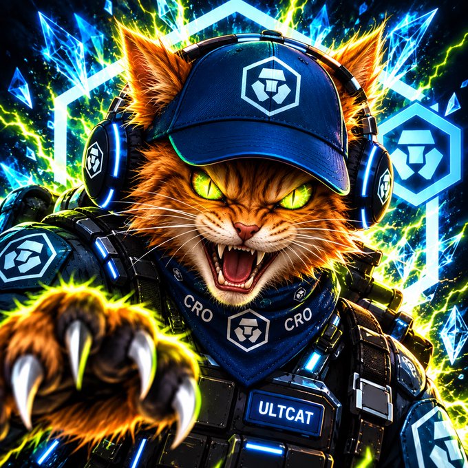 A vibrant digital artwork of a fierce, glowing-eyed orange cat wearing a blue cap and futuristic tactical gear with 'CRO' and 'ULTCAT' text, surrounded by blue hexagons and energy effects.