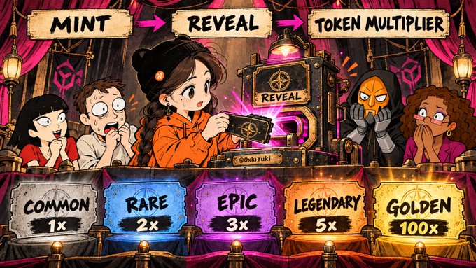 An illustrated banner by @0xYuki_ depicting a reveal process with mint to token multiplier tiers: Common (1x), Rare (2x), Epic (3x), Legendary (5x), and Golden (100x).