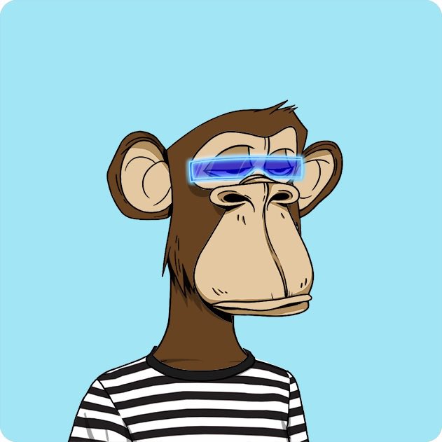 A cartoon illustration of a brown monkey wearing a black and white striped shirt and futuristic blue visor glasses against a light blue background.