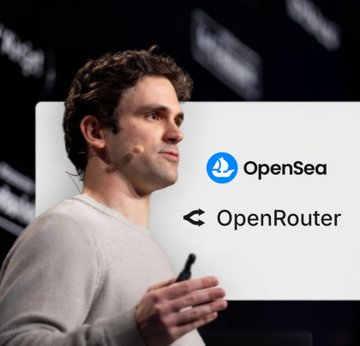 A man speaking at a presentation, with logos for OpenSea and OpenRouter displayed next to him on the screen.