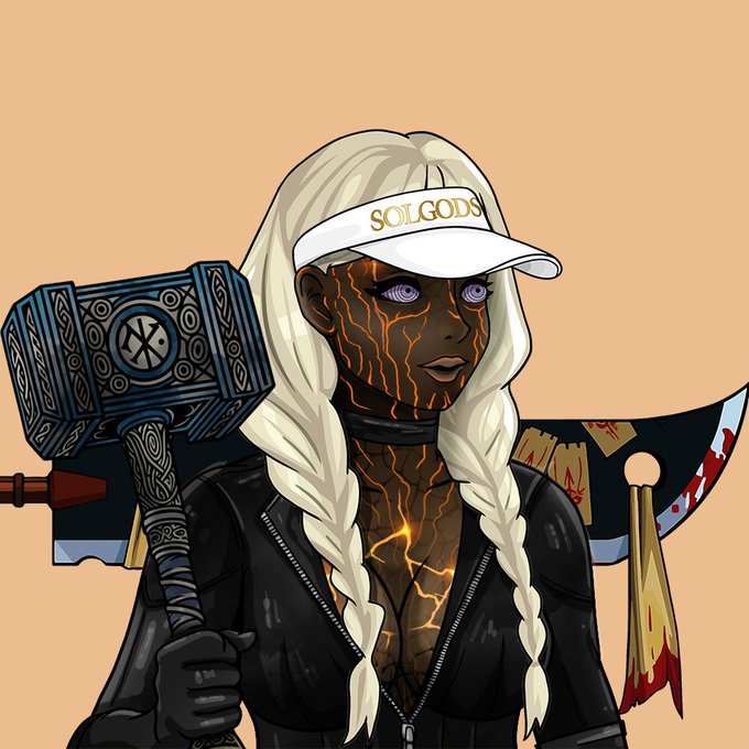 An illustrated portrait of a female warrior with glowing cracked lava-like skin on her face and chest, wearing a white 'SOLGODS' visor, blonde braided hair, and a black leather jacket, holding a large ornate hammer with a bloodied blade visible behind her.