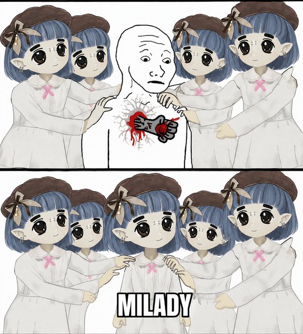 A two-panel meme showing anime-style girls taking a heart from a worried figure in the top panel, then gathering around the now-smiling figure labeled 'MILADY' in the bottom panel.