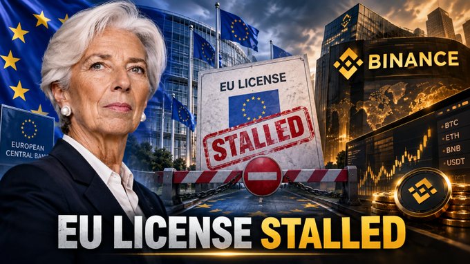 A YouTube-style thumbnail showing Christine Lagarde with an 'EU LICENSE STALLED' stamp, Binance logo, and EU flags in the background, captioned 'EU LICENSE STALLED'.