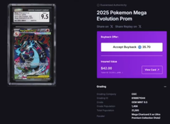 The image shows a Beckett Grading Services listing for a 2025 Pokémon Mega Evolution Promo card that received a 9.5 Mint grade, with a buy-it-now price of $50 and 14 watchers, likely showcasing the PSA-style graded card that was ripped on the Gemini stream.