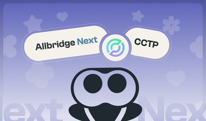 The image features a stylized mascot peeking up against a purple background decorated with stars, hearts, and flowers, while two connecting speech bubbles at the top display the text "Allbridge Next" and "CCTP" linked by a circular bridge icon. This visually represents the post's announcement of Allbridge Next's new integration between Stellar and Circle's Cross-Chain Transfer Protocol (CCTP) for enhanced cross-chain bridging.