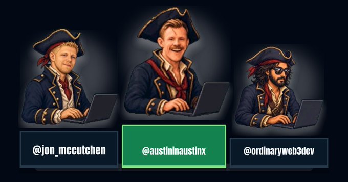 Three cartoon pirates in tricorn hats work on laptops, with the middle pirate (@austinaustinx) highlighted in green as the top builder, flanked by @jon_mccutchen and @ordinaryweb3dev, representing the leading contributors from the commit leaderboard.