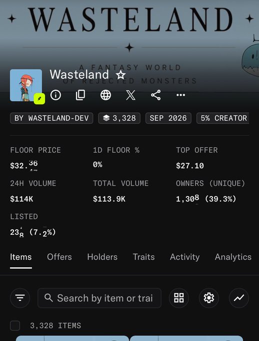 A screenshot of an NFT collection page titled 'WASTELAND - A FANTASY WORLD OF RESCUED MONSTERS' by WASTELAND-DEV, showing 3,328 items with a floor price of $32.36 and 24H volume of $114K.