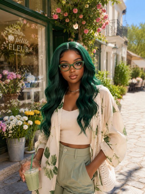 A stylized portrait of a woman with long green hair and glasses holding a green drink in front of a Parisian-style boutique called 'la petite FLEUR'.