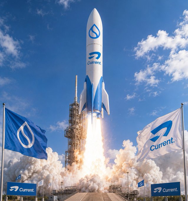 A rocket launch scene with a white and blue rocket branded 'Current' lifting off from a launch pad, surrounded by 'Current' branded flags and signage against a partly cloudy blue sky.