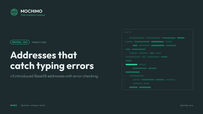 An informational graphic for MOCHIMO Post-Quantum Currency titled 'Addresses that catch typing errors,' noting 'v3 introduced Base58 addresses with error checking' under 'PROTOCOL FACT' and 'TRANSACTIONS' tags.