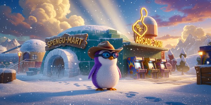 A digital illustration of a purple penguin wearing a cowboy hat and goggles standing in a snowy landscape with buildings labeled 'SPENGU-MART' and 'ARCADE ZONE'.