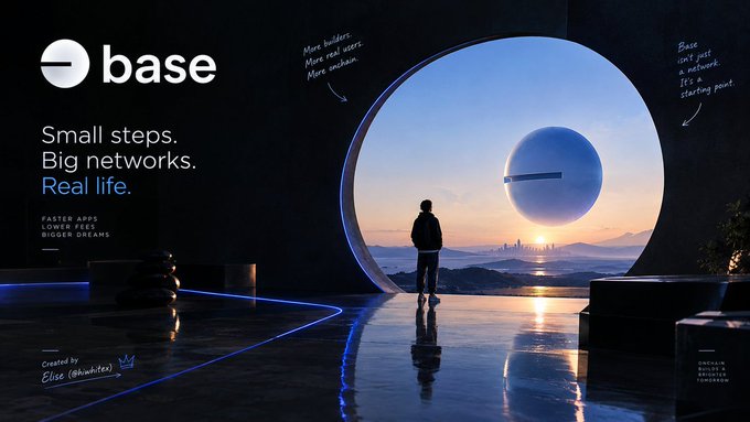 A Base branding promotional graphic reads 'Small steps. Big networks. Real life.' alongside text including 'Move faster. Move real users. Move onchain.' and 'Built to grow. Built to fork.', featuring a silhouetted figure looking through a large circular portal at a futuristic landscape.
