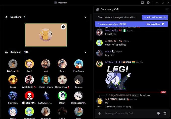 A screenshot of the Optimism app showing a community call with a speaker (Web3Kalito), an audience of 104 users, and a chat panel displaying messages like 'I trust you', 'seem jeff speaking', 'hey fam', and 'LFG!'.