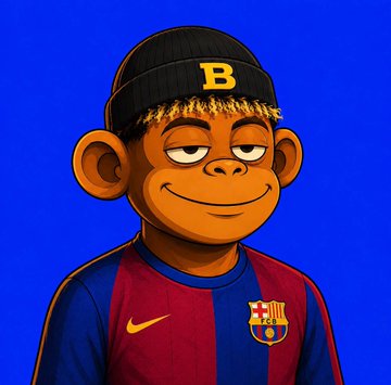 A cartoon image of a Bored Ape-style character wearing a beanie with the letter 'B' and an FC Barcelona football jersey against a blue background.