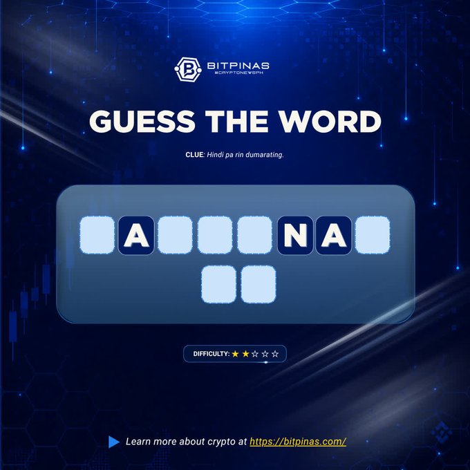 A Bitpinas 'Guess The Word' puzzle game screen with the clue 'Hindi pa rin dumarating,' revealing the partially guessed letters 'A _ _ _ N A _' at a 2-star difficulty level.