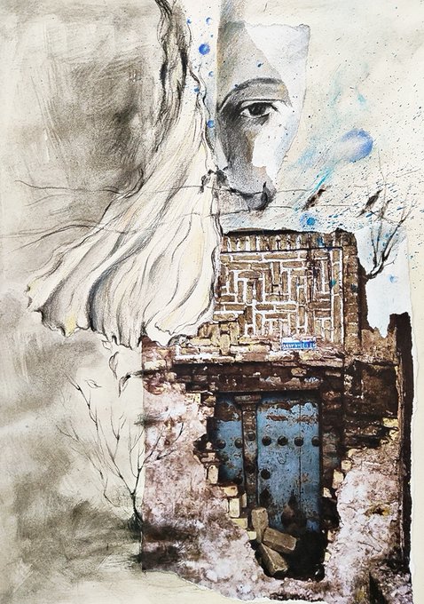 A mixed-media artwork featuring a painted face emerging from flowing hair above an intricate, textured architectural structure resembling a building with blue doors, accented with blue paint splatters.