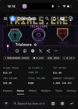A mobile screenshot of the OpenSea app showing the 'Trialware' NFT collection on the Robinhood Chain, displaying a floor price of $13.37, 24h volume of $25.9K, and total volume of $28K.