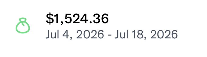 The image shows a payment notification of **$1,524.36** received between **Jul 4, 2026 – Jul 18, 2026**, accompanying the user's post celebrating their delayed but successful payout and expressing satisfaction with platform X.