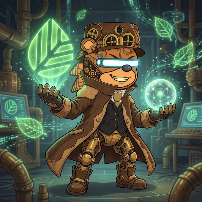 A digital illustration of a steampunk-style anthropomorphic character with goggles, holding a glowing green leaf and a holographic globe in an industrial setting.