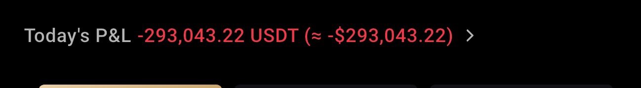 The image displays a financial trading dashboard showing "Today's P&L" of "-293,043.22 USDT (≈ -$293,043.22)" in red, indicating a significant daily loss. This visually corroborates the post's admission of being wrong in the market's direction, being stopped out (SL'ed) three times, and ultimately losing over $293K in a day.