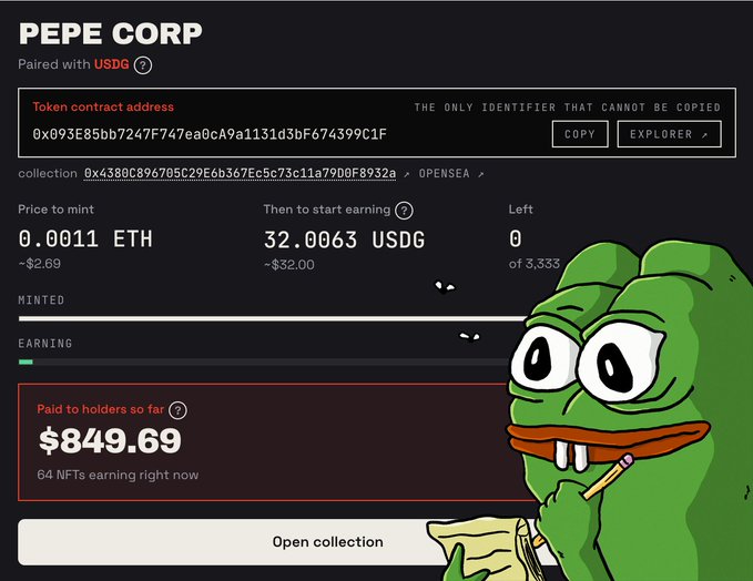A screenshot of a Pepe Corp NFT minting page paired with USDG, showing a mint price of 0.0011 ETH and $849.69 paid to holders, with the iconic green Pepe the Frog illustration on the right.