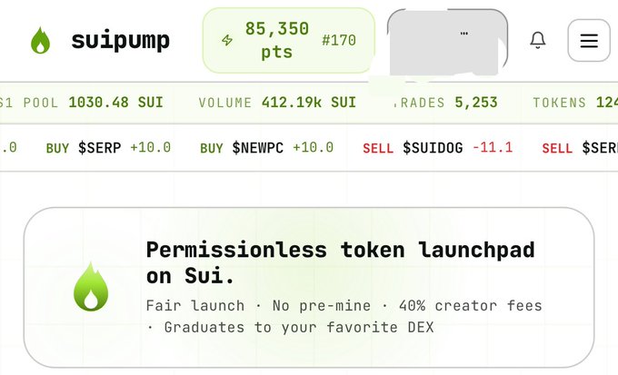A screenshot of the Suipump website showing a user profile with 85,350 points, pool volume of 1030.48 SUI, and a banner describing it as a 'Permissionless token launchpad on Sui' with fair launch and no pre-mine features.