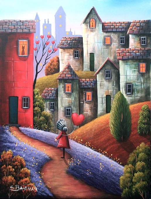 A whimsical painting signed "S. Bateman" depicts a small figure in a red dress holding a red heart balloon, walking along a winding path toward a cluster of charming, dreamlike houses with glowing windows. The nostalgic, hopeful imagery of a child offering a heart complements the post's contemplation about re-entering the art market, evoking the emotional investment and optimism required to share one's creative work.