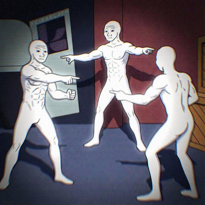 The image features a cartoon scene with three men dressed in white t-shirts, each pointing towards something different. They are standing against a blue background that has a door visible behind them. The caption of the image reads "This is WOJAK hitting one milestone after another".
