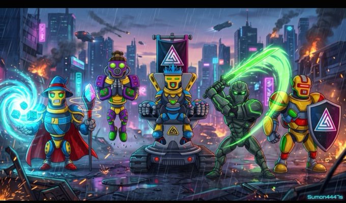 A futuristic sci-fi illustration featuring five armored robot heroes with green glowing eyes standing together in a destroyed neon-lit cityscape, with the watermark 'Sumon4441s'.