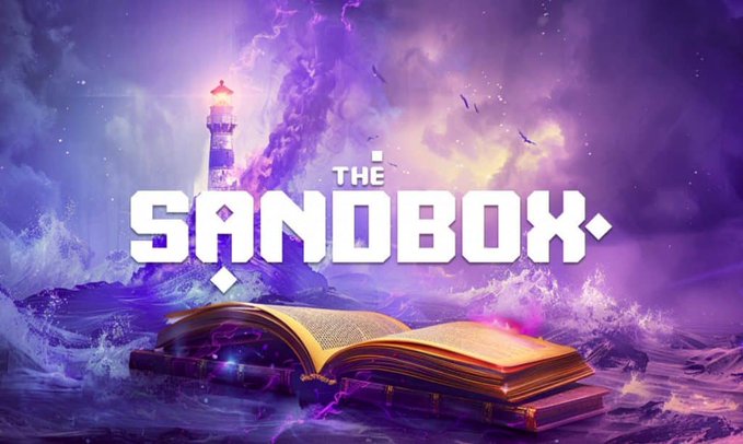 Promotional banner for "THE SANDBOX" featuring a magical purple seascape with a lighthouse on a stack of open books.