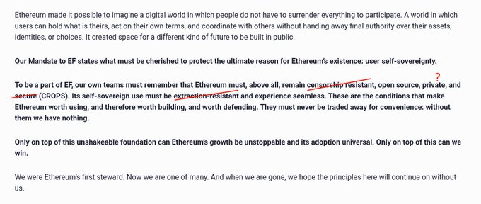 An excerpt from the Ethereum Foundation (EF) mandate discussing user self-sovereignty, with 'extraction-resistant' and 'censorship resistant' circled in red, emphasizing Ethereum must remain CROPS.