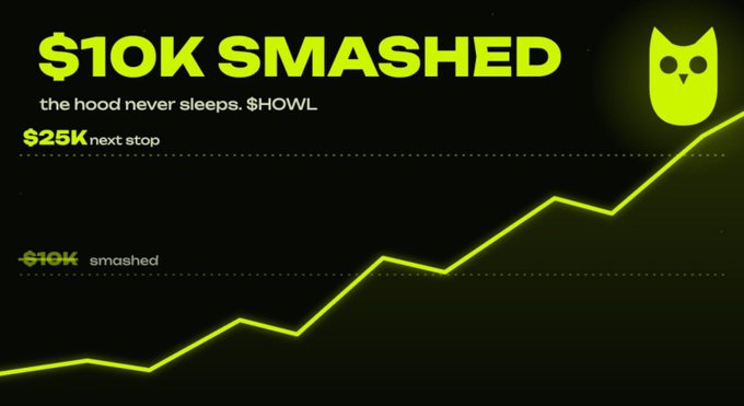 A digital graphic with a neon green cat logo celebrating '$10K SMASHED' with the tagline 'the hood never sleeps. $SHOWL', showing an upward trend chart with milestones at $10K and $25K.