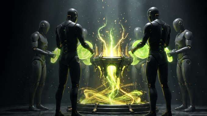 A futuristic digital artwork showing humanoid robots surrounding a glowing green energy pedestal emitting sparks and light rays in a dark, atmospheric setting.