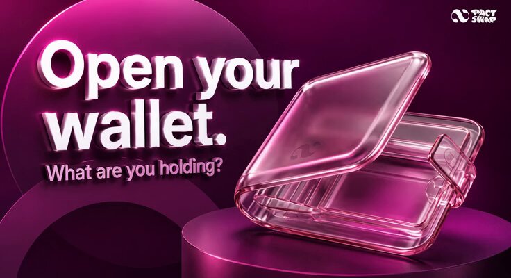 The image features an open wallet that has been placed on top of a pink stand. The wallet appears to be made of clear plastic material with a pink background. The text "Open your wallet" is written above the wallet, while below it, there are questions about what people should know and how they can hold their assets securely in the web3 space.