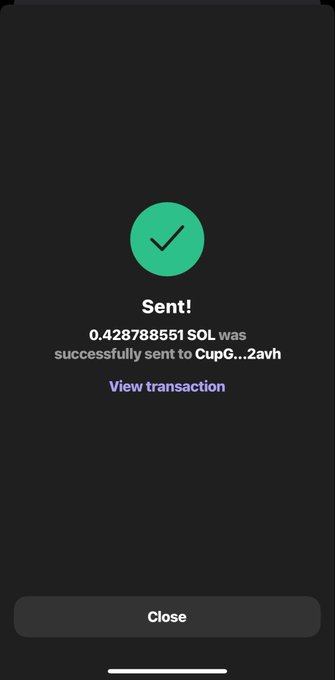 A mobile confirmation screen displays a successful transaction, showing "Sent!" with 0.428788551 SOL transferred to the address CupG…2avh, along with a "View transaction" link and a Close button. This visual proof supports the post's claim of sending $35 worth of SOL cryptocurrency.
