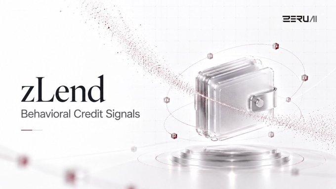 A promotional graphic for "zLend Behavioral Credit Signals" by Zerui, featuring a 3D rendered wallet with orbiting data points.