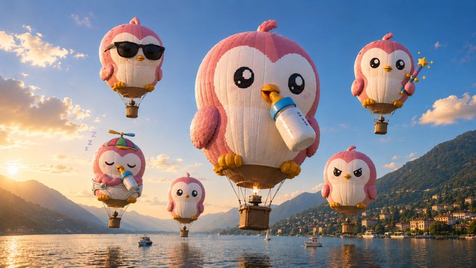 The image features a group of six hot air balloons floating above a body of water, with five pink penguin-shaped balloons and one blue baby penguin balloon. The text accompanying the image reads "THE FLIGHT PLAN IS SIMPLE. STEP 1: HODL $BBP Step 2: BOARD THE BALLOON Step 3: MOON NO FURTHER INSTRUCTIONS REQUIRED." This suggests that the post is about hot air balloons and their use in a simple, step-by-step process for launching them into the sky.