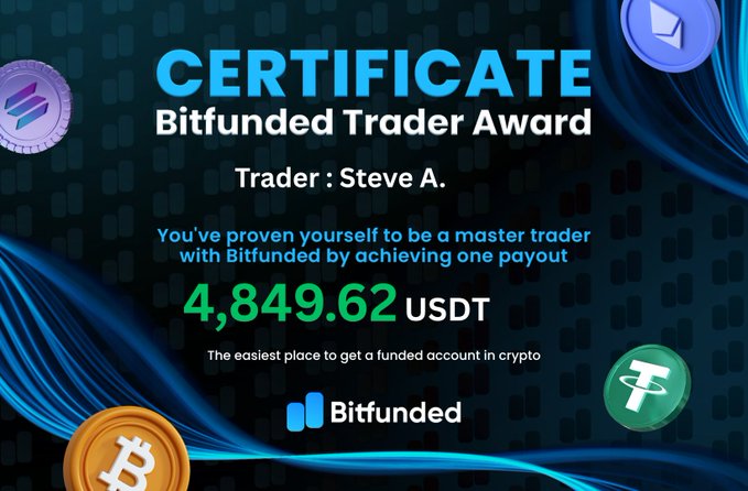 !"Certificate" is in front of several bitcoin coins including one that says "Trader".