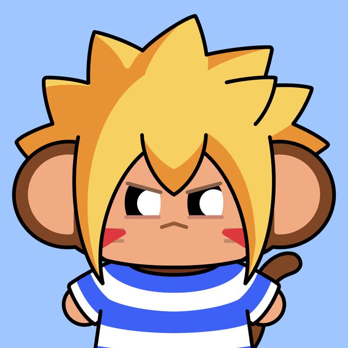 A cartoon illustration of a monkey-like character with spiky blonde hair, a stern expression, and a blue and white striped shirt against a light blue background.