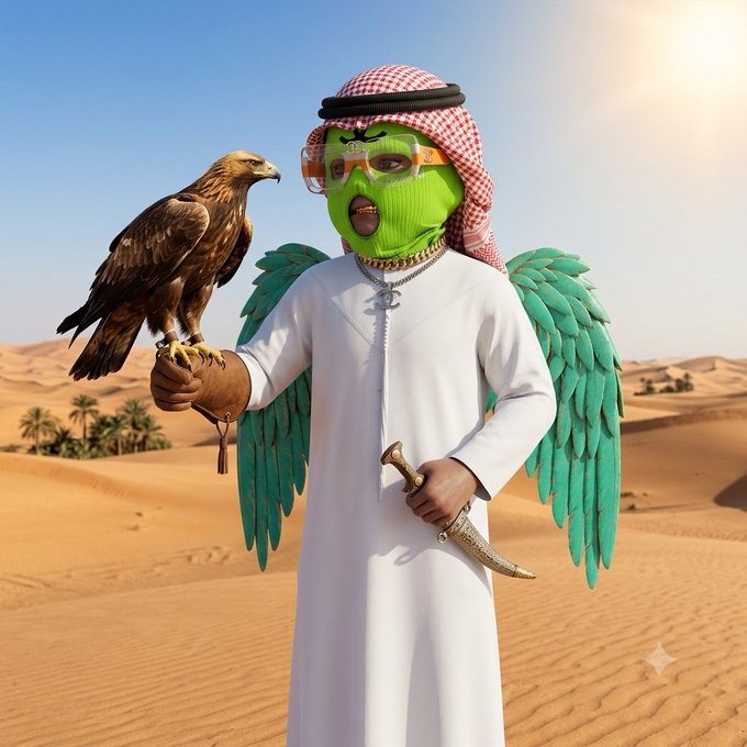 A figure dressed in traditional white thobe and red keffiyeh, wearing a bright green mask, sunglasses, and large teal angel wings, stands in a desert holding a falcon on one hand and an ornate dagger in the other, with palm trees visible in the sandy background. The image visually represents the "Hood Miners" NFT collection, blending desert and falconry motifs to convey the adventurous, Middle Eastern–inspired theme of the 5,555 Miner NFT project on Nucleus.