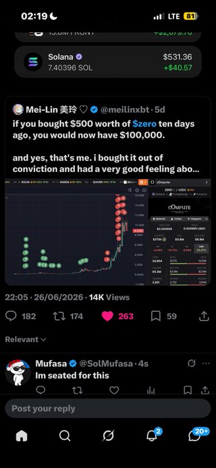 The image shows a phone screenshot of a crypto trading app displaying a tweet about $ZERO, where user Mei-Lin 笑玲 claims a $500 investment in $0 (Zero) ten days ago would now be worth $100,000, alongside a Solana price widget showing $531.36 (+$40.57). This relates to the post as it appears to be shared in a crypto community context celebrating or referencing the $ZERO token's performance, with the wallet address and thanks to "Derrick" likely connected to a tip or donation shared in the discussion.